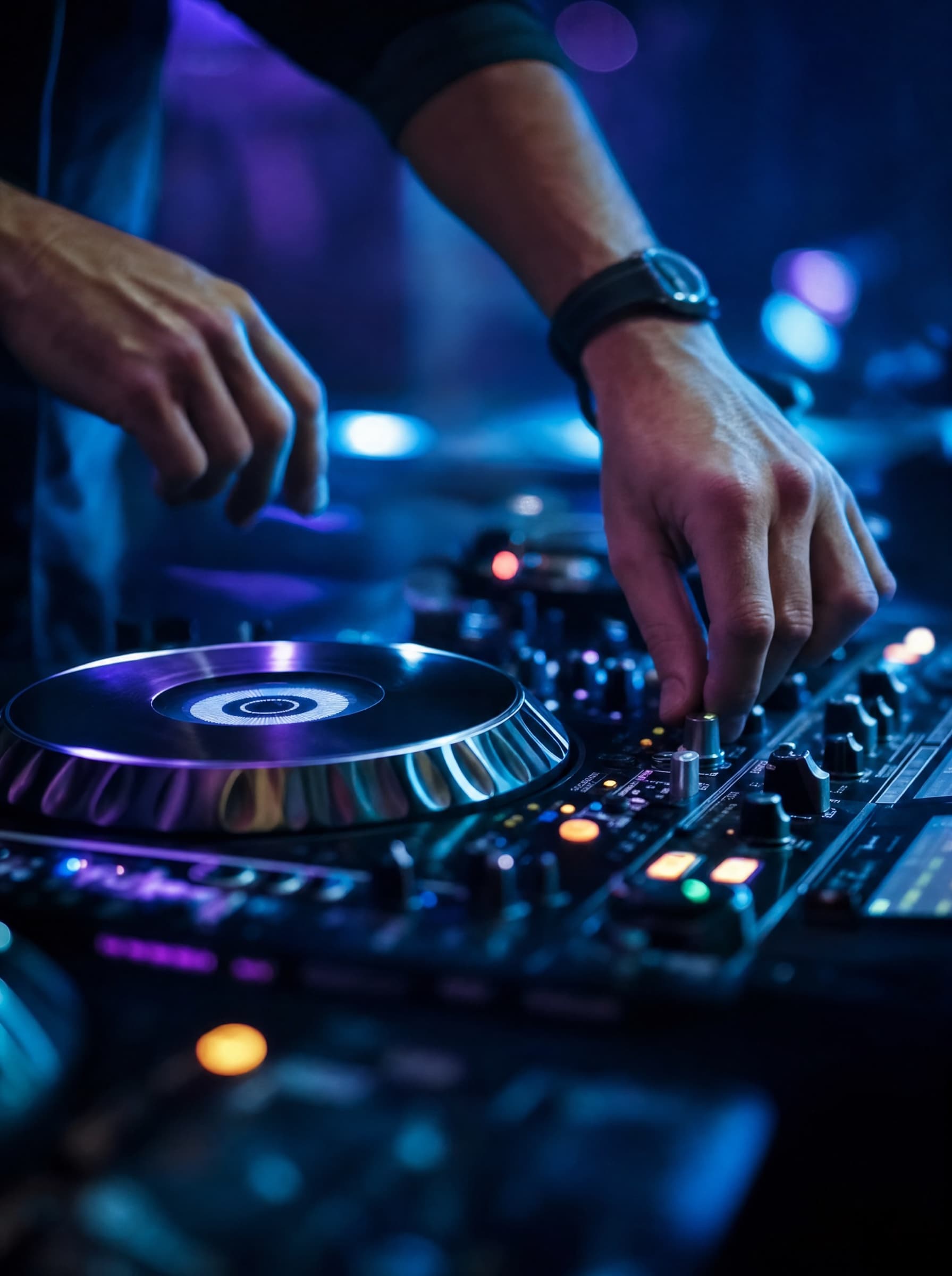 Gros plan sur les mains d'un DJ Houseleggers sur la console