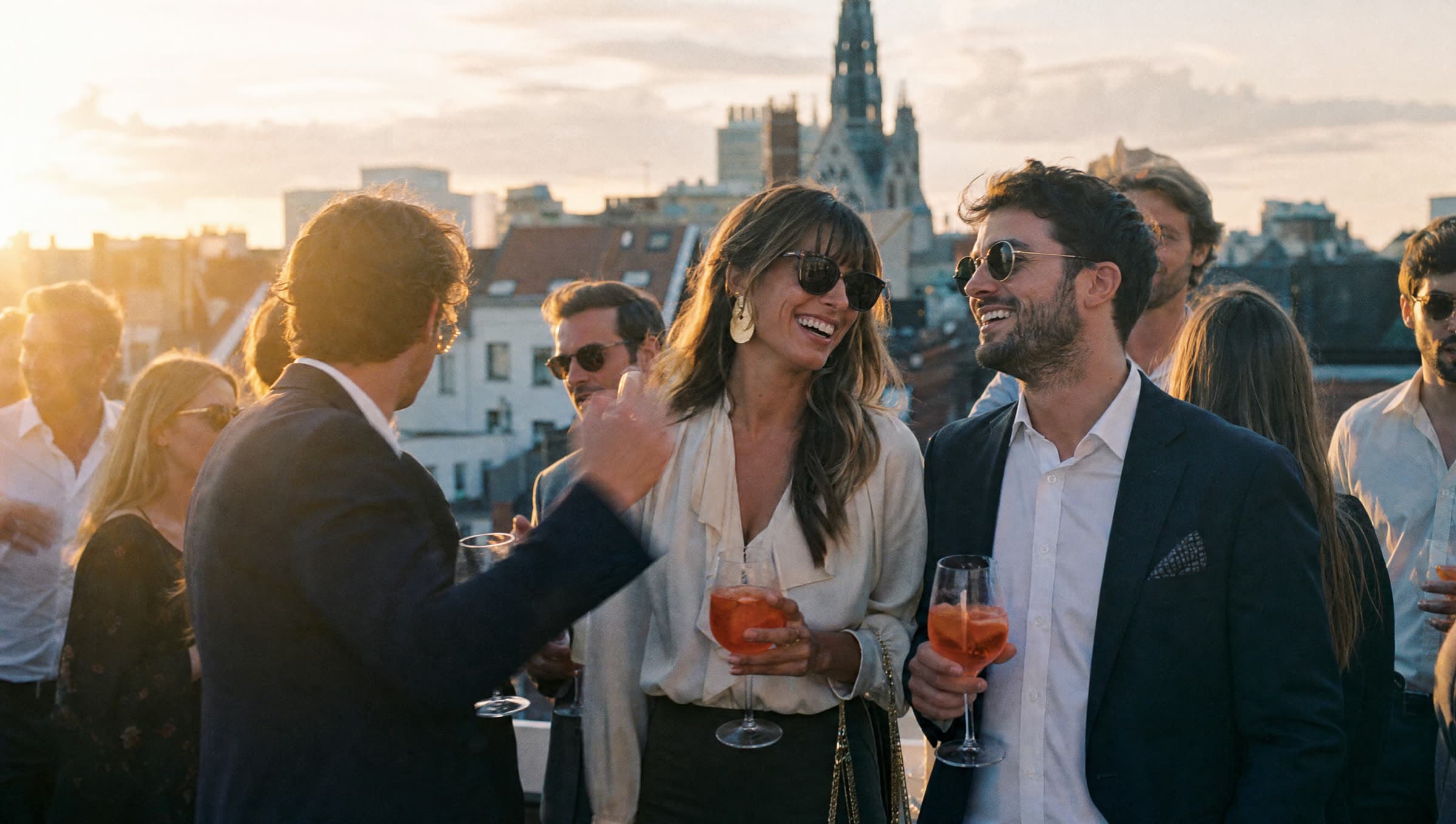 Golden-hour rooftop party in Brussels